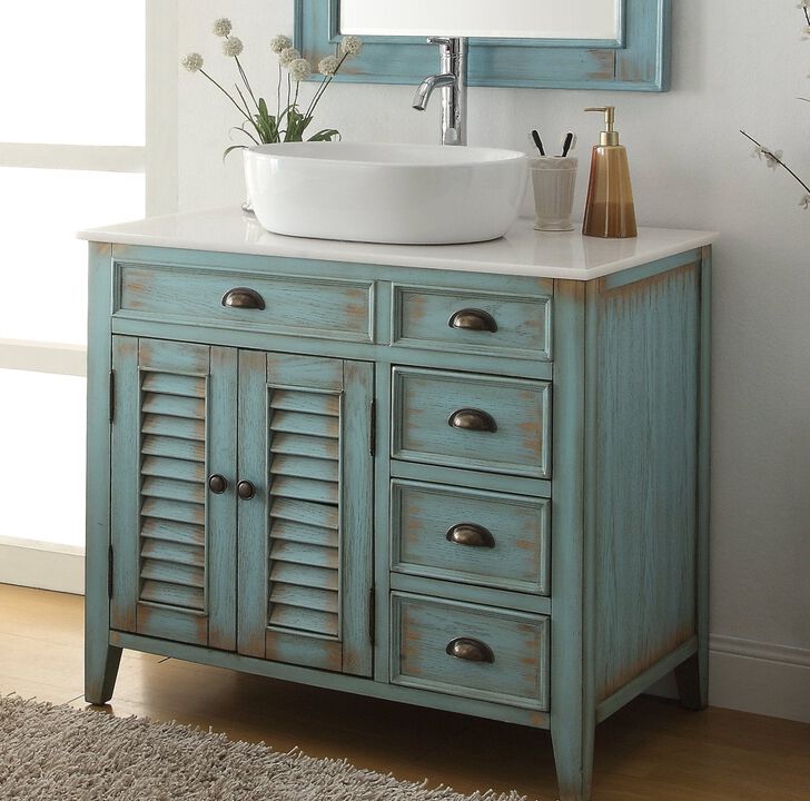 36 Inch Abbeville Farmhouse Style Distressed Blue Vessel Sink Bathroom Vanity
