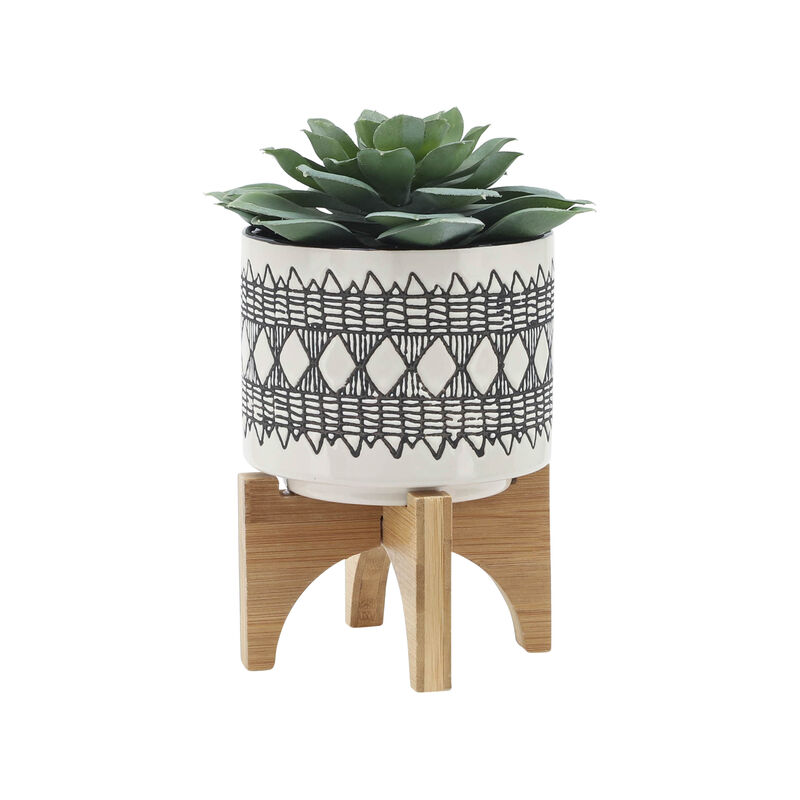 Aztec Planter on Wooden Stand, Gray Set