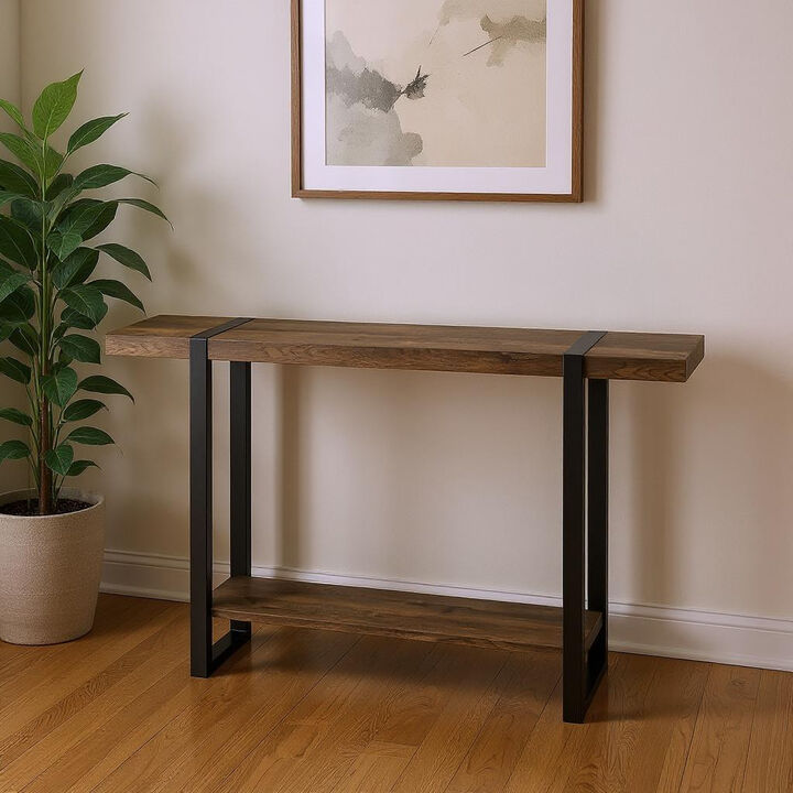 HomeRoots 47" Brown and Black Wood and Metal Distressed Sled Console Table With Shelf
