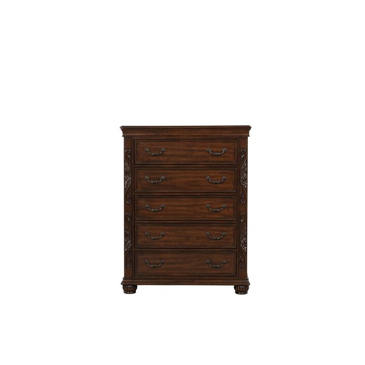 Benjara Brown Akil 54 Inch Tall Dresser with 5 Drawers, Floral Carved Cherry Wood