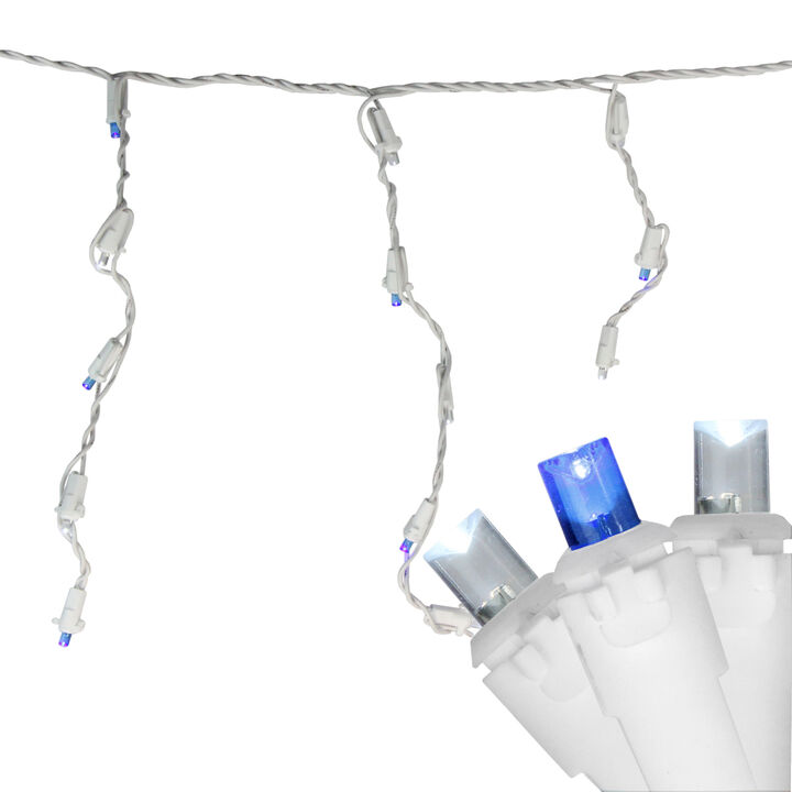100ct Blue and Pure White LED Wide Angle Icicle Christmas Lights  5.5 ft White Wire