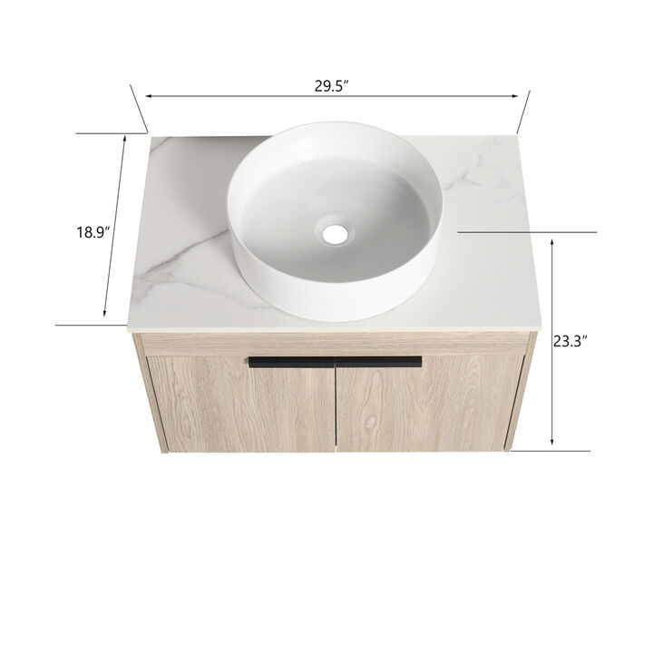 30 " Modern Design Float Bathroom Vanity With Ceramic Basin Set, Wall Mounted White Oak Vanity With Soft Close Door, KD-Packing, KD-Packing,2 Pieces Parcel(TOP-BAB400MOWH)