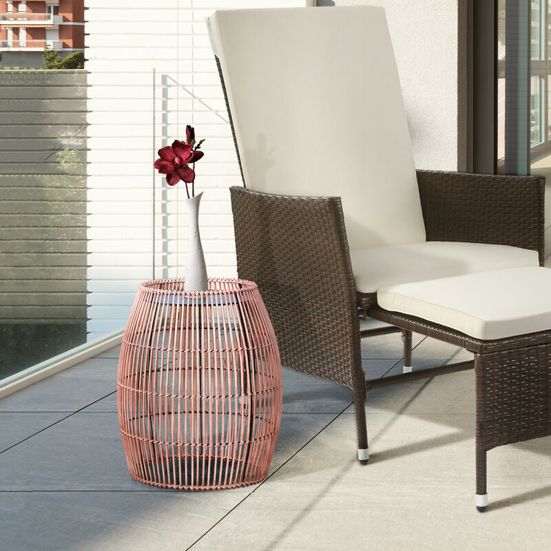 Teamson Home 20.24" Outdoor Open Weave Bohemian Bamboo Drum Side Table with Iron Top, Brown image number 6