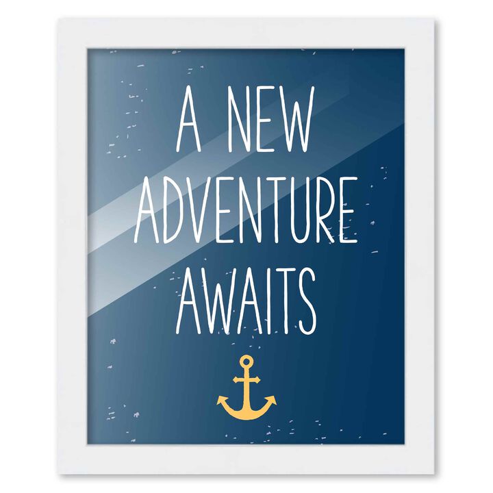8x10 Framed Nursery Wall Adventure Boy New Adventure Awaits Poster in White Wood Frame For Kid Bedroom or Playroom