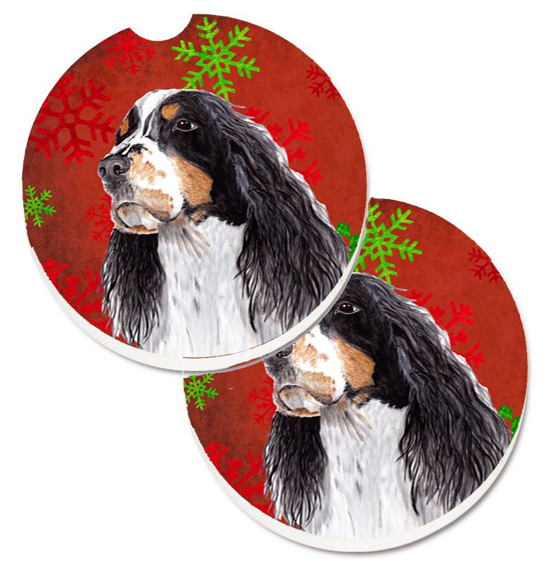 Caroline's Treasures Springer Spaniel Red & green Snowflakes Holiday Christmas Set of 2 Cup Holder Car Coasters SC9401CARC, 2.56, Multicolor image number 0