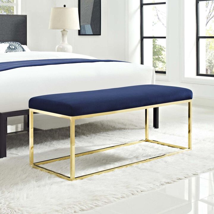 Modway Anticipate Velvet Upholstered Modern Bench With Stainless Steel Frame in Gold Navy