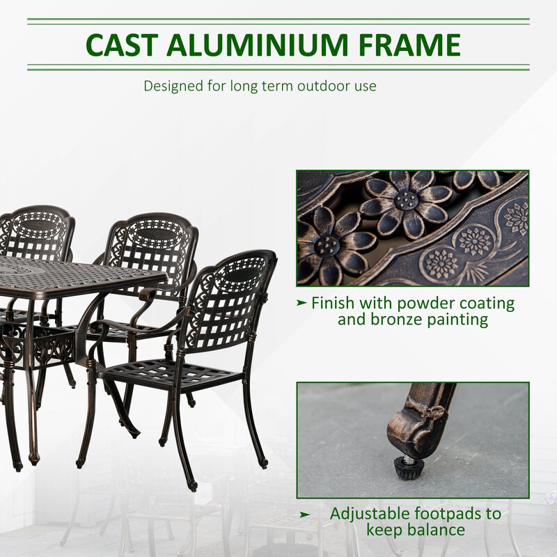 Bronze Outdoor Dining: 7-Piece Cast Aluminum Set with Umbrella Hole
