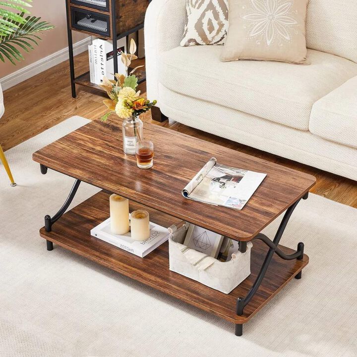 Hivvago Modern Industrial Black Metal Wood Coffee Table with Bottom Storage Shelf