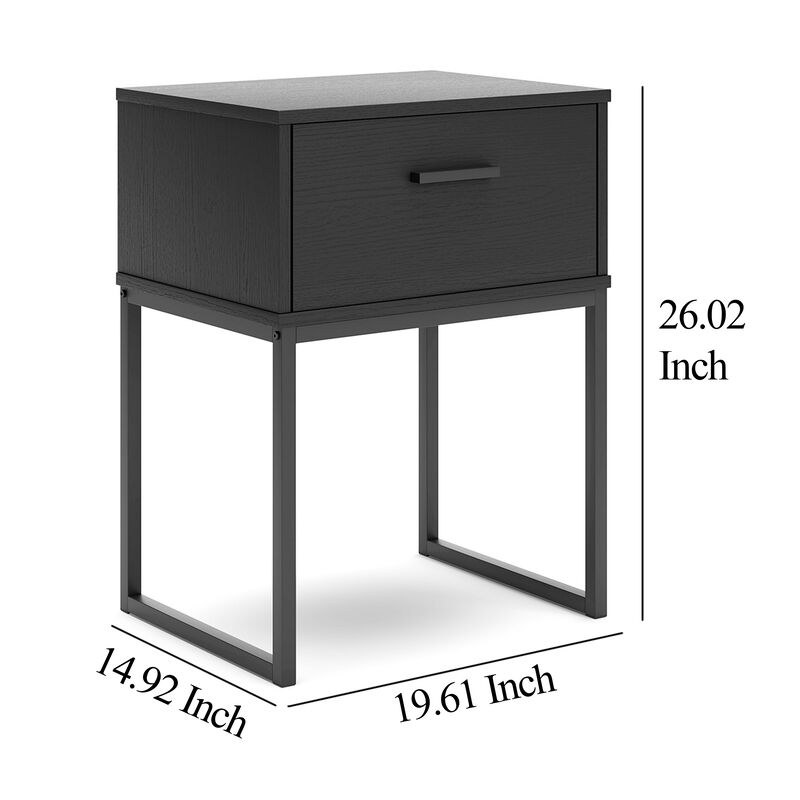 Alli Nightstand, 1 Drawer, Matte Black Wood, Metal Base, 26 Inch - Benzara