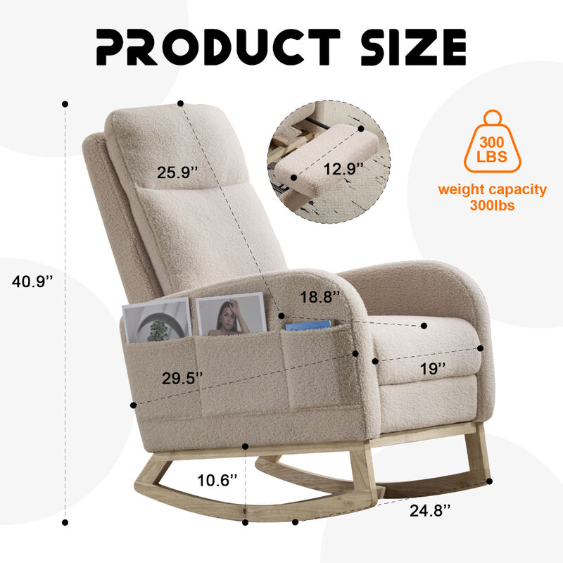 Upholstered Modern Rocking Chair with Solid Wood Legs and Ergonomic High Backrest image number 3