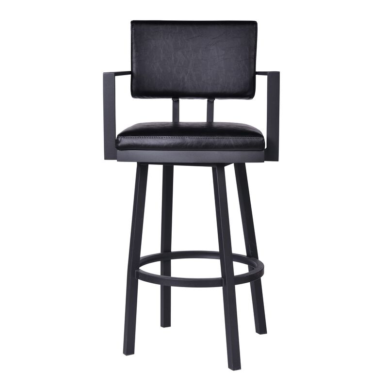 Lumbar Back Faux Leather Barstool with Stainless Steel Legs and Arms, Black - Benzara