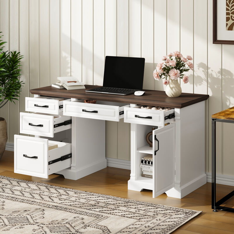 FUFU&GAGA Modern Office Desk with Five Drawers & Cabinet, White Frame & Deep Brown Wood Grain Top, Black Metal Handles, (59"W x 19.6"D x 29.9"H), White