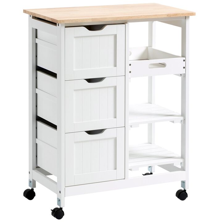 White Rolling Kitchen Island Cart on Wheels, Portable Kitchen Island Cart with Tray, Rubber Wood Tabletop