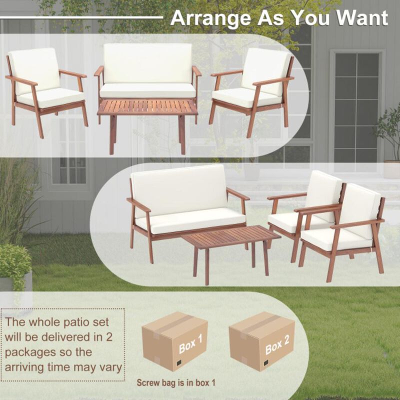 Hivvago 4 Piece Outdoor Acacia Wood Conversation Set with Soft Seat and Back Cushions
