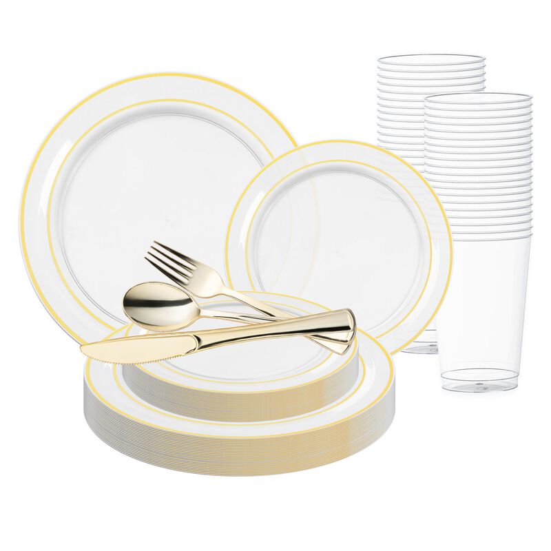 Clear with Gold Edge Rim Plastic Wedding Value Set (30 Sets) image number 0