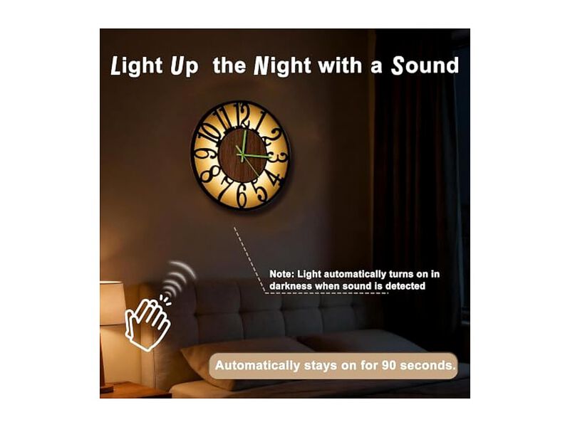 Glow In The Dark Modes Night Light Rustic Wall Clock Silent Metal image number 2