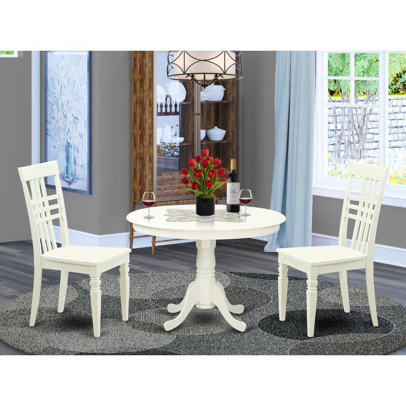 3 Pc set with a Round Small Table and 2 Wood Dinette Chairs in Linen White