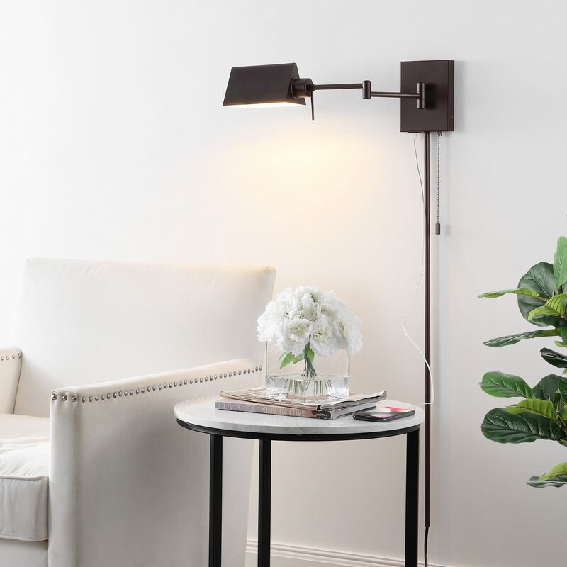 Arlo Farmhouse Industrial Single Swing Arm Plug In Or Hardwired Iron LED Wall Sconce with Pull Chain