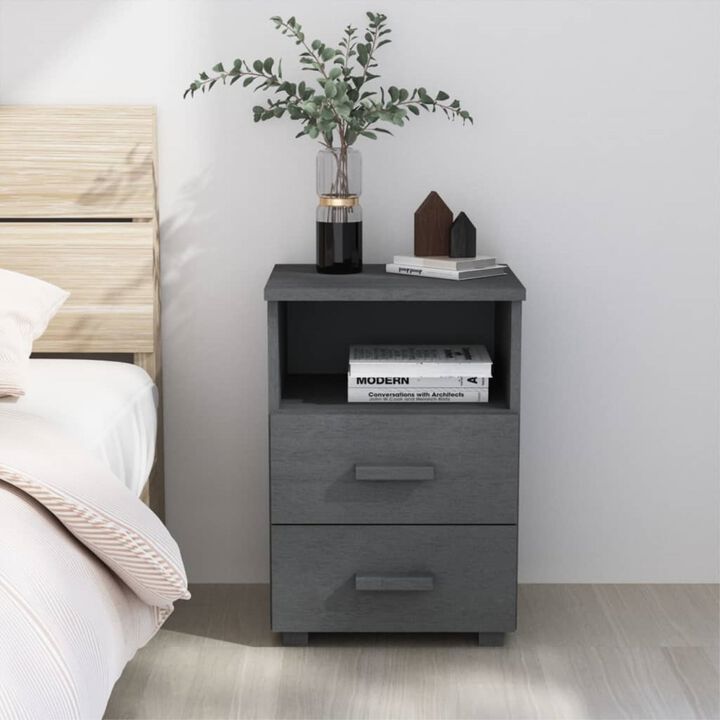 vidaXL Bedside Cabinet HAMAR - Solid Pine Wood Nightstand with Drawers, Compact Storage Unit, Stylish Dark Gray Bedroom Furniture.