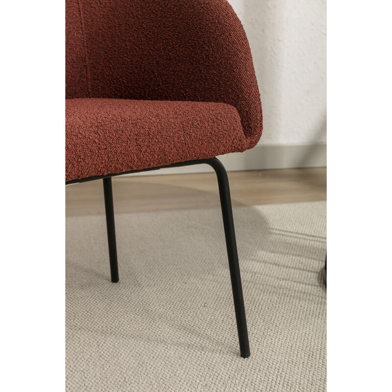 Set of 2 Boucle Fabric Dining Chairs With Black Metal Legs, Wine Red