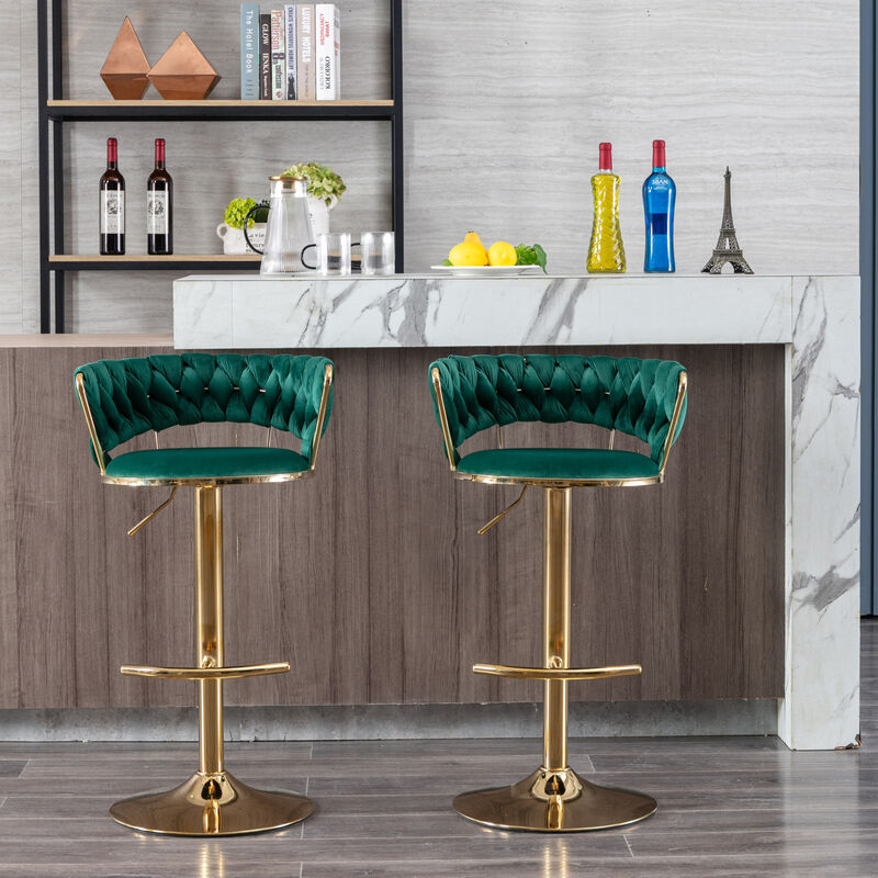 Set of 2 Bar Stools, with Chrome Footrest and Base Swivel Height Adjustable Mechanical Lifting Velvet + Golden Leg Simple Bar Stool-Green