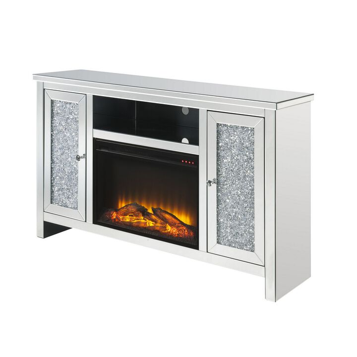 TV Stand with Electric Fireplace and Acrylic Faux Diamond, Silver - Benzara