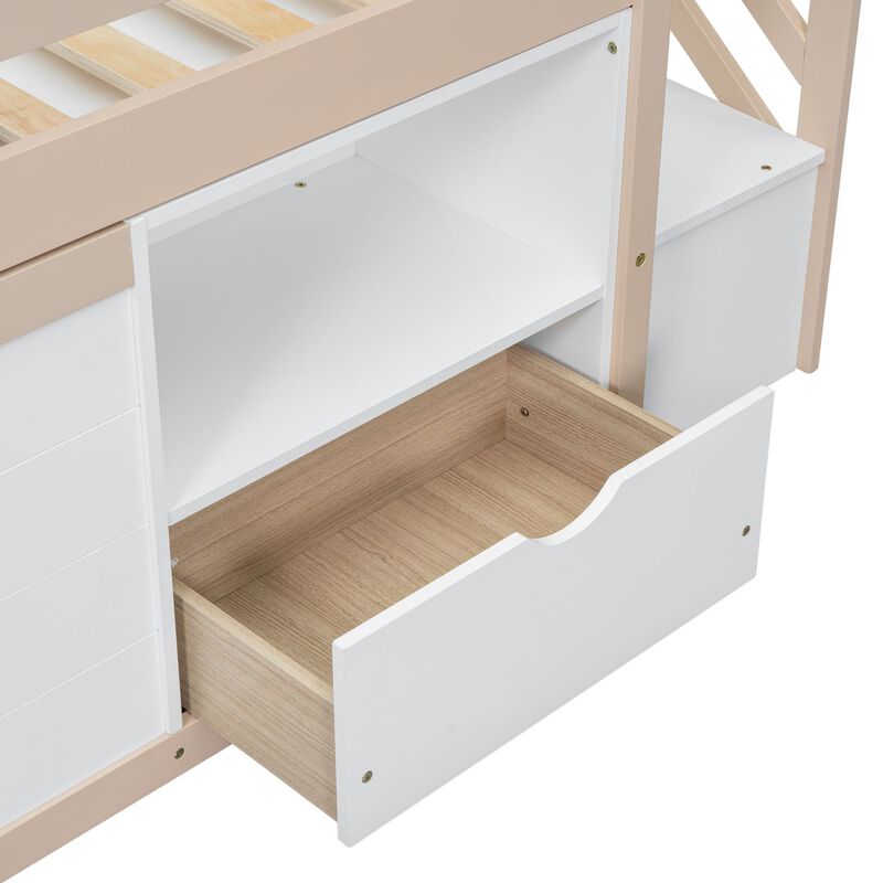 Whisen Solid Wood Twin Size Low Loft Bed With Stair, Drawer And Shelf