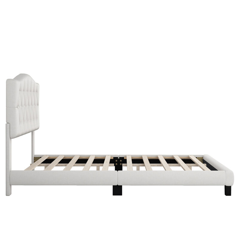 Upholstered Platform Bed with Saddle Curved Headboard and Diamond Tufted Details, King, Beige