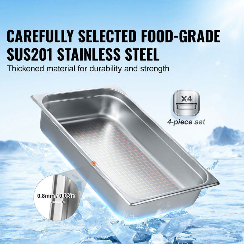 VEVOR 4 Pack Full Size Hotel Pans Steam Table Pan Stainless Steel 4" Deep Lid