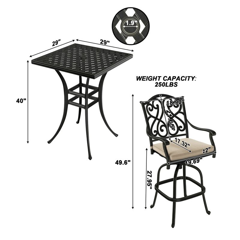 Mondawe3-Piece Patio Bistro Set Cast Aluminum 2 High Bar Swivel Chairs with Cushion and 1 Square Table