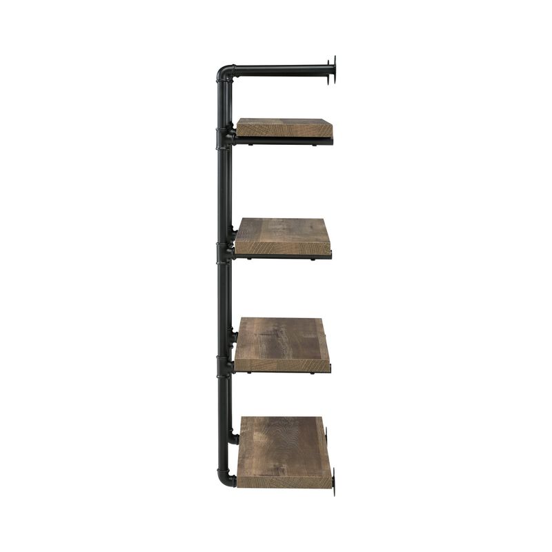 Wall Shelf with 4 Shelves and Piped Metal Frame, Brown and Black-Benzara