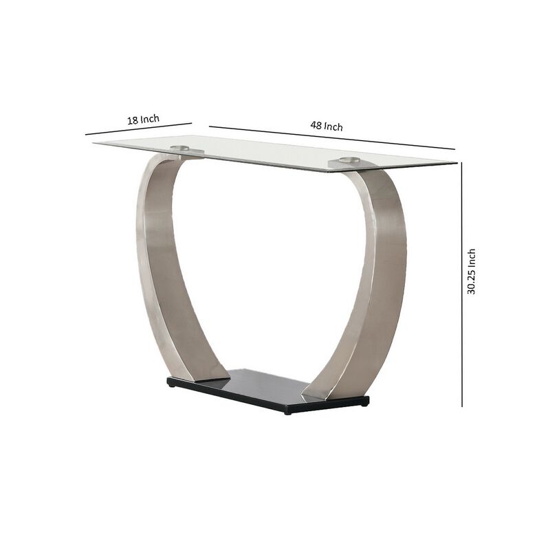 Floating Tempered Glass Top Sofa Table with Metal Support, Clear and Silver-Benzara