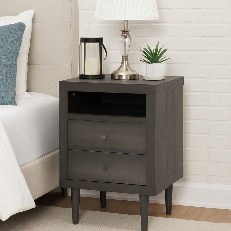 Minie Nightstand with 2 Drawers, Shelf, Rubberwood Legs, Dark Gray - Benzara