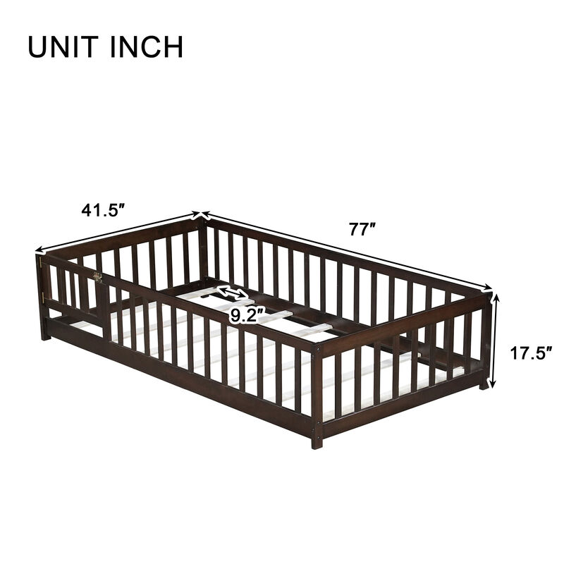 Whisen Twin Size Rubber Wood Floor Bed with Safety Guardrails & Door, Kids Bed image number 9