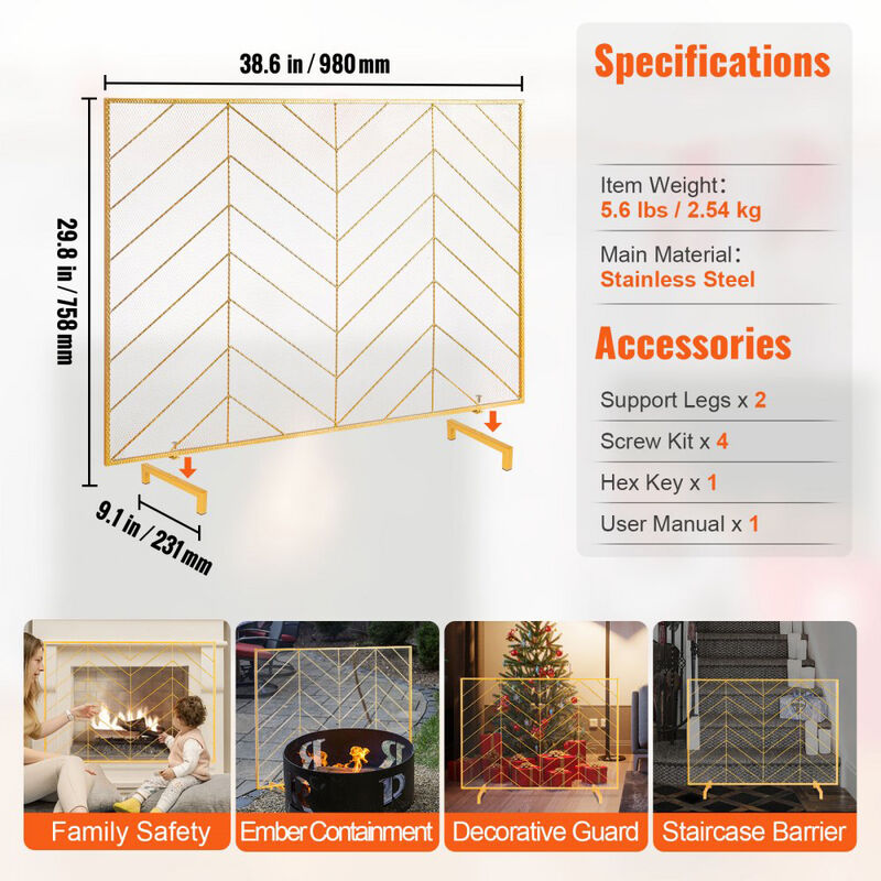 Single Panel Fireplace Screen with Iron Mesh, Freestanding Spark Guard for Indoor Fireplace-Gold image number 2