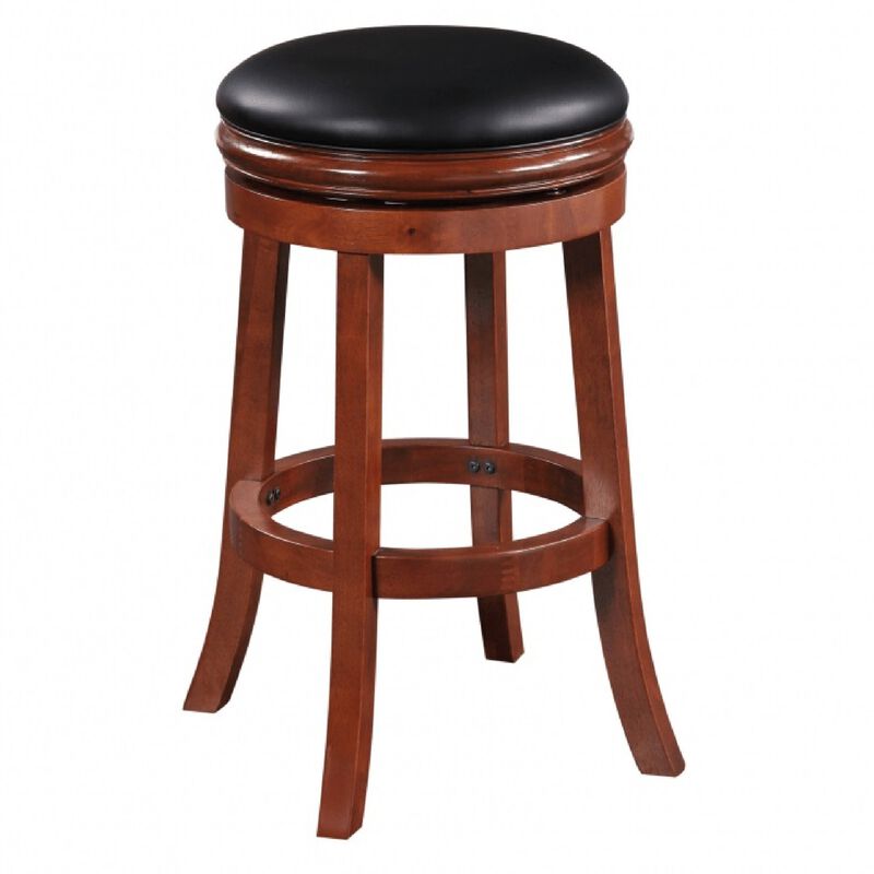 Sabi 30 inch Swivel Counter Stool, Solid Wood, Faux Leather, Brown, Black - Benzara