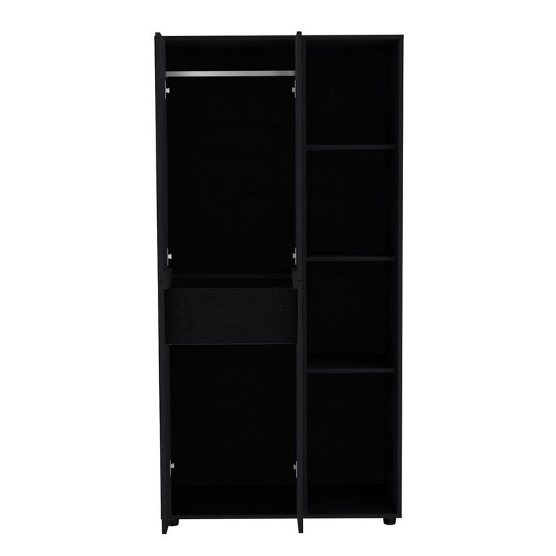 Armoire with 2-door Storage with Metal Rods, Drawer, 3 Open Shelves, Black