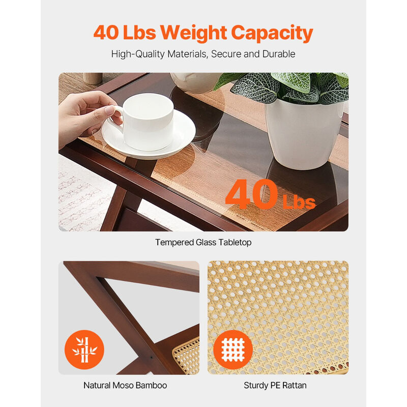 Z-Shaped Rattan Woven Wicker End Table with Tempered Glass Top