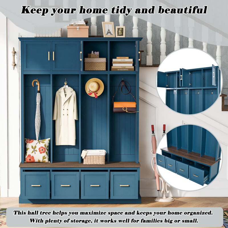 Merax All-in-One Entryway Hall Tree with Hanging Hooks, Upper Cabinet, 3 Drawers & Seating Bench image number 4