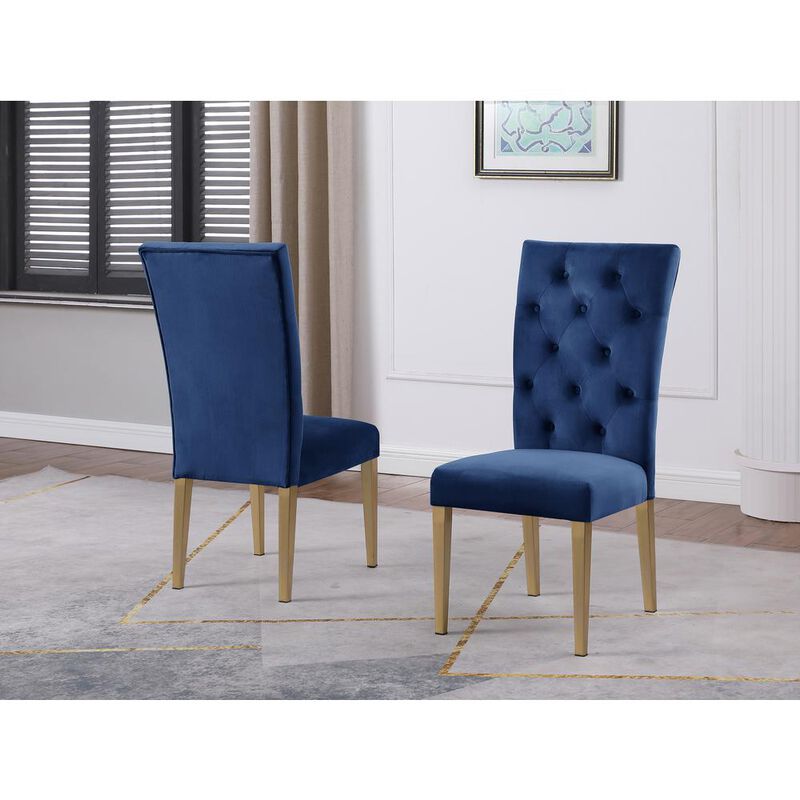 Tyrion Blue Tufted Velvet Side Chairs in Brushed Gold (Set of 2)
