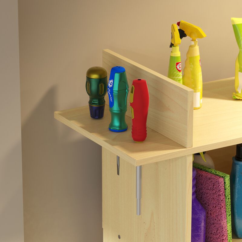 FUFU&GAGA Solid Wood Multi-functional Storage Cabinet with 9 Compartments & Tool Hooks, Space-Saving Design for Small Spaces, Natural Wood Finish (30.7 in.  W x 11 in.  D x 67.7 in.  H)