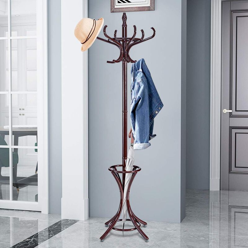 Freestanding Wooden Coat Rack with 12 Hooks and Built-In Umbrella Stand
