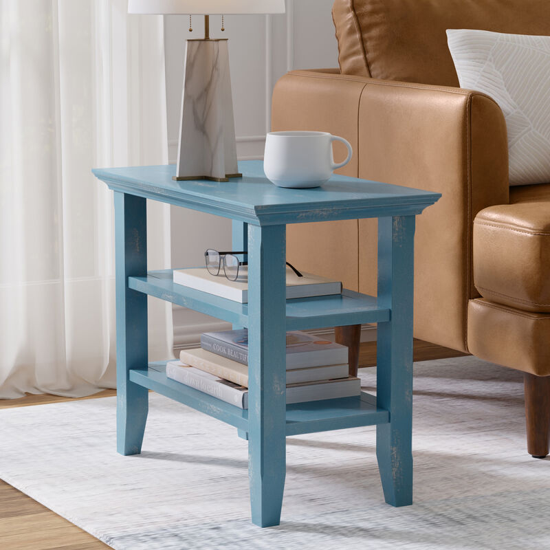 Acadian 14 inch Wide Solid Wood Transitional Narrow Side Table in Distressed Coastal Blue