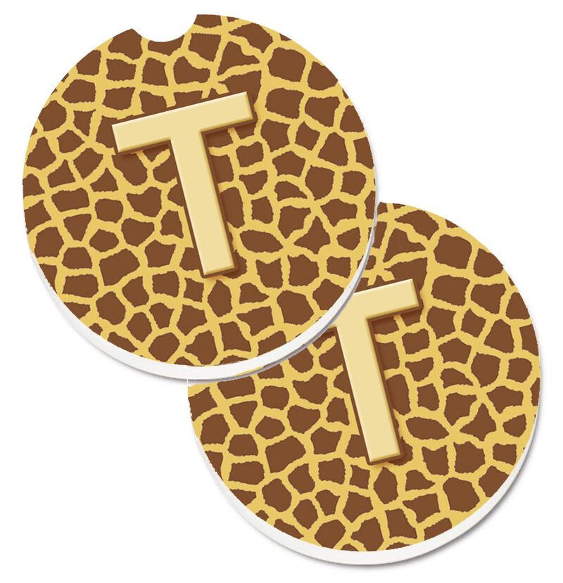 Caroline's Treasures Monogram Initial T Giraffe Set of 2 Cup Holder Car Coasters CJ1025-TCARC, 2.56, Multicolor