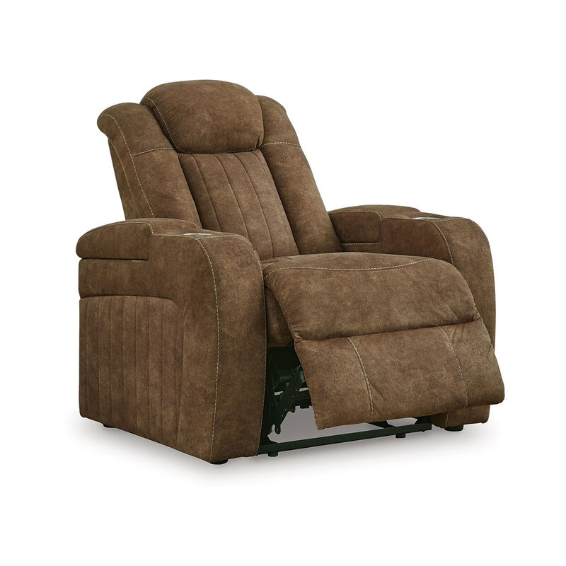 Alexy Power Recliner Chair, Cupholder, USB Port, Brown Faux Leather - Benzara