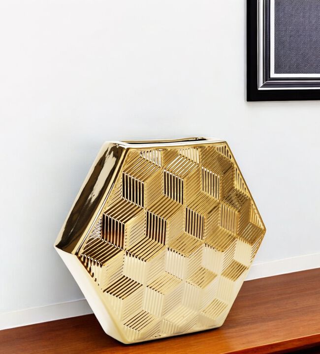 HomeRoots 13" Gold Geometric Ceramic Table Vase With Sculptural Details