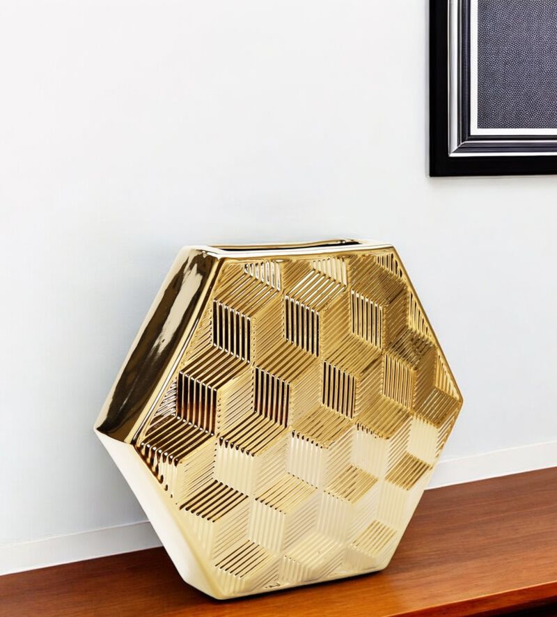 HomeRoots 13" Gold Geometric Ceramic Table Vase With Sculptural Details image number 1