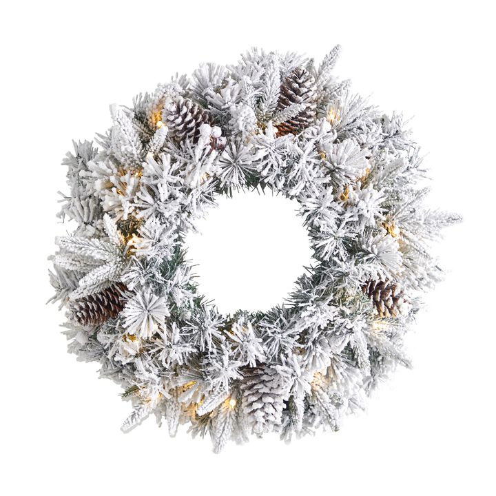 Hivvago 20" Flocked Artificial Christmas Wreath with 35 Warm White LED Lights