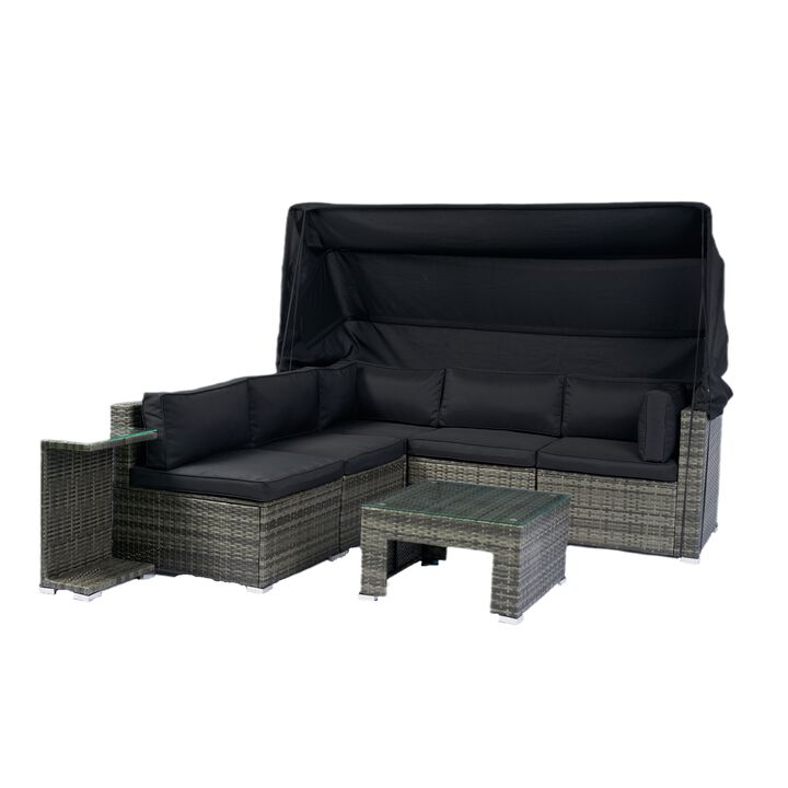 Whisen 7-Piece Wicker Rattan Patio Sectional Set with Retractable Canopy & Washable Cushions