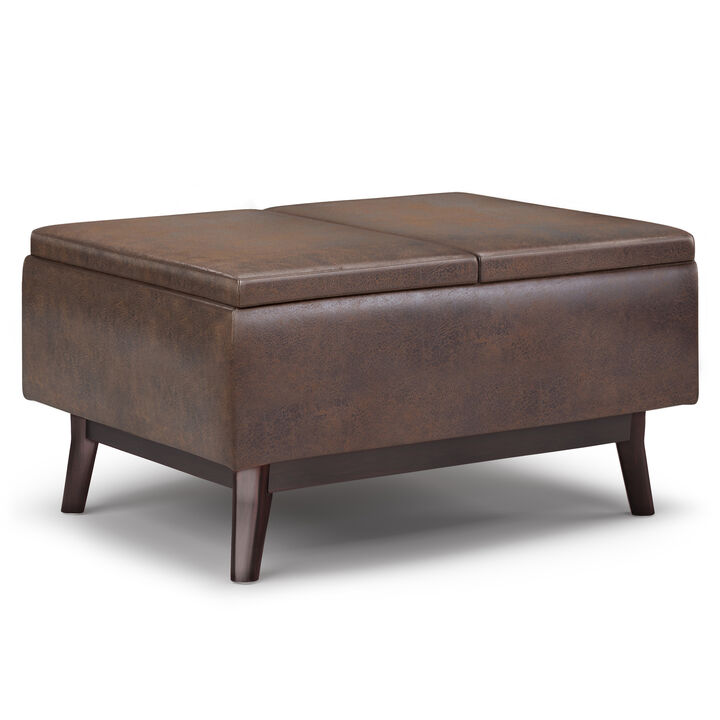 Owen 34 inch Wide Mid Century Modern Rectangle Tray Top Small Coffee Table Storage Ottoman in Distressed Chestnut Brown Vegan Faux Leather, Assembled
